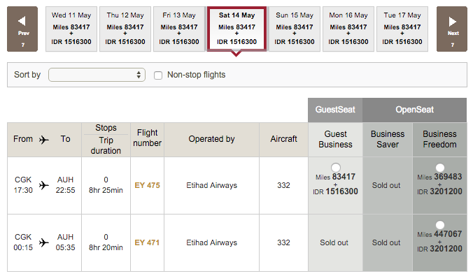 Etihad Guest Awards Boeken - Business class flight sold out