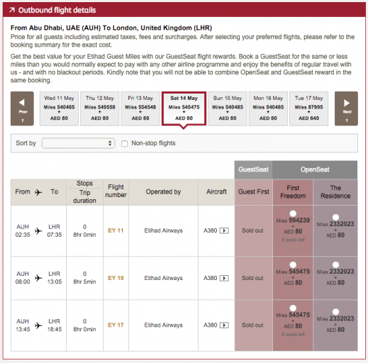 Etihad Guest Awards Boeken - First Class Sold Out