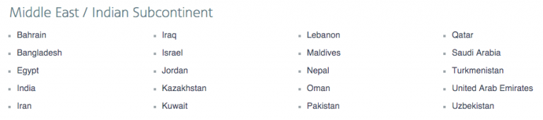 Alle landen die behoren tot "Middle East & Indian Subcontinent"