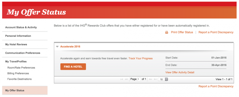 My Offer Status op de IHG site