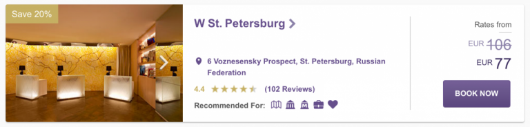 Ook bij het W hotel in St. Petersburg krijg je een korting van 20%