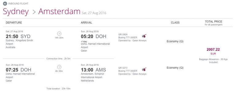 Qatar Airways Sales Maart 2016 - AMS-SYD Inbound Flight