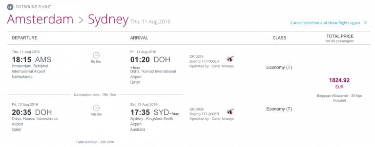 Qatar Airways Sales Maart 2016 - AMS-SYD Outbound Flight