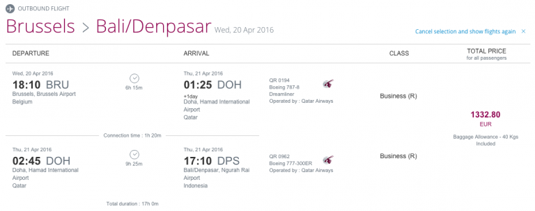 Qatar Airways Sales Maart 2016 - BRU-DPS Outbound Flight