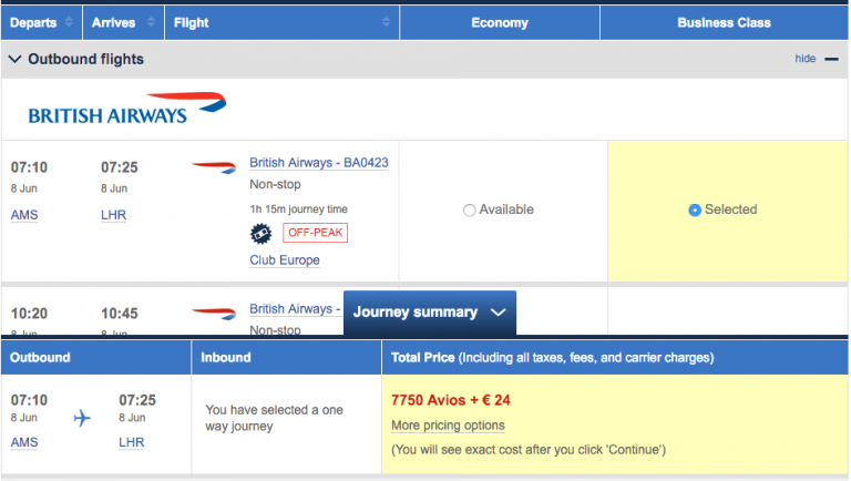 BA Award AMS - LHR in business