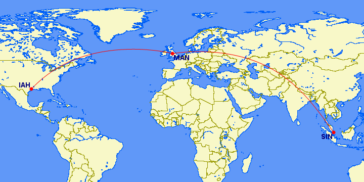 Singapore Airlines - Singapore naar Manchester naar Houston