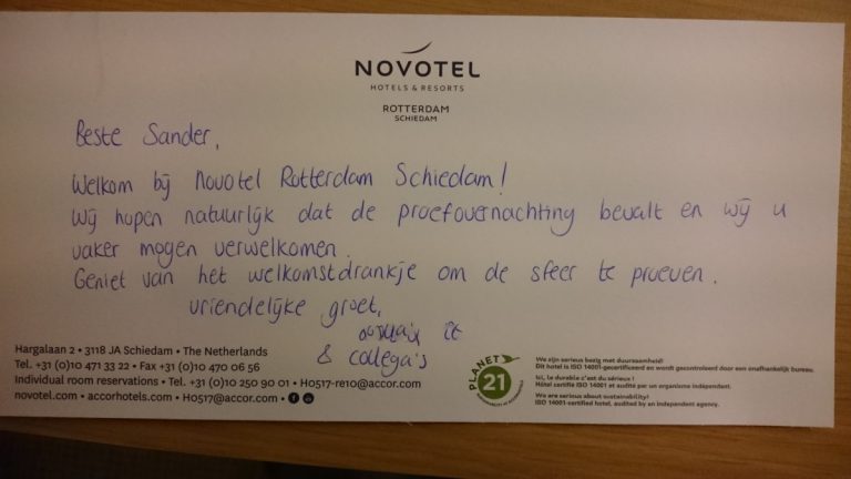 Novotel Rotterdam Schiedam welkomstbriefje