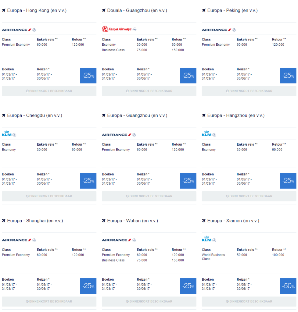 KLM Flying Blue Promo Awards Maart 2017 Azie