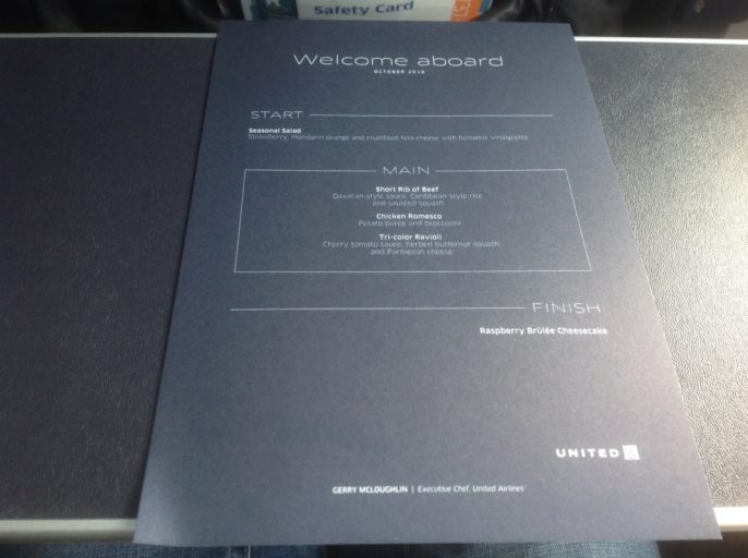 Menukaart United Airlines, Menu United Airlines Business Class