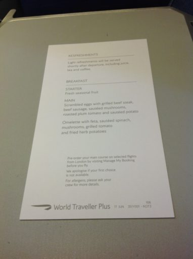 British Airways, Boeing 747, World Traveller Plus, Dubai, Londen-Heatrow, Oneworld, Menu, Menukaart