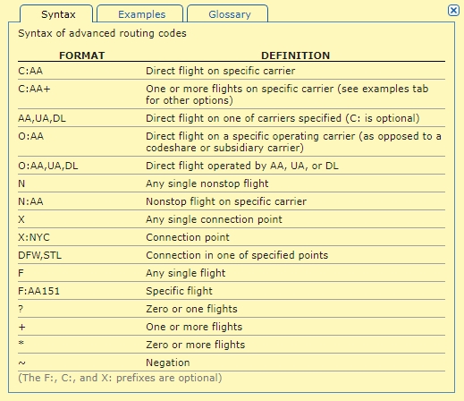 Matrix - ITA Software by Google routing codes help