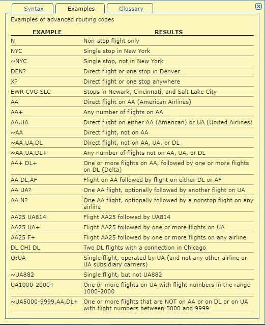 Matrix - ITA Software by Google routing codes voorbeelden