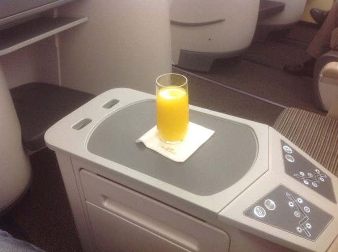 Etihad, business class, pre departure drink