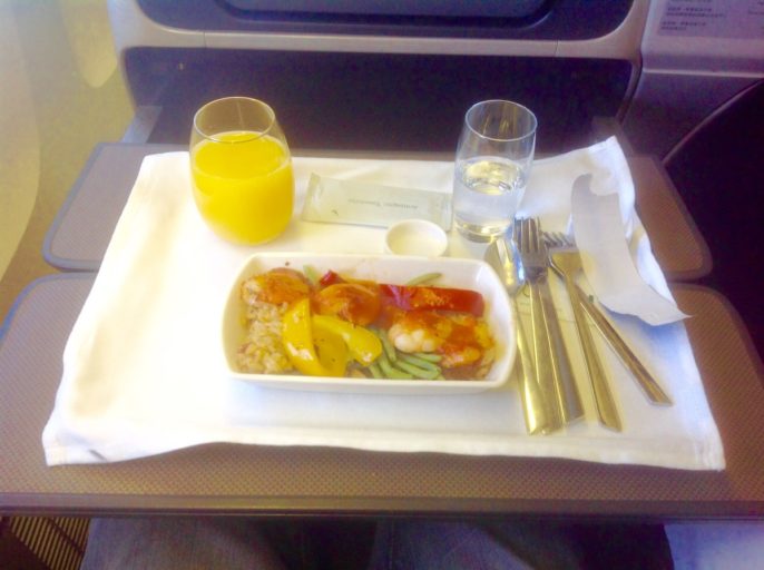 business class, cathay pacific, hoofdgerecht