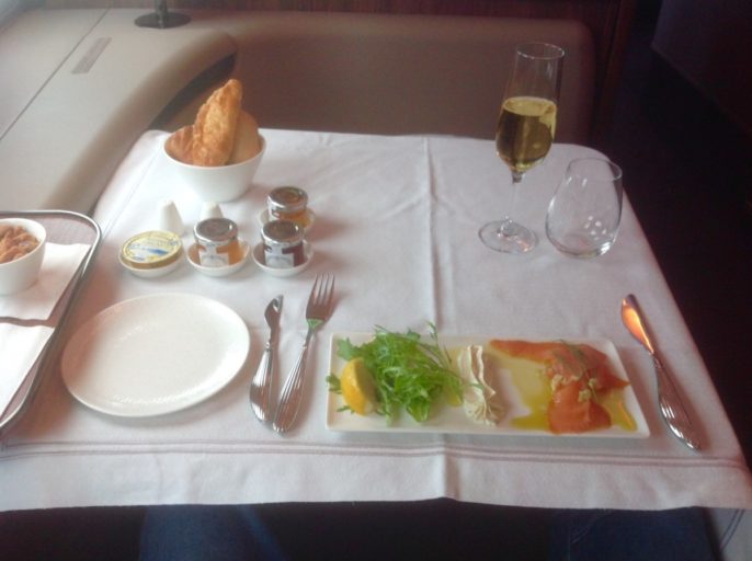 qatar airways, a380, ontbijt, first class