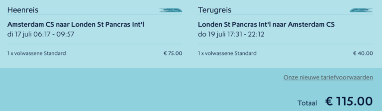 Kosten van een retourtje Amsterdam-Londen (Bron: Eurostar.com)