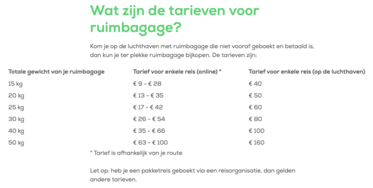 Tarieven Ruimbagage (Bron: Transavia)