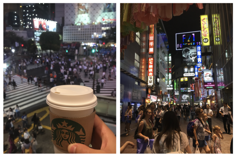 Het drukke Shibuya district met Shibuya Crossing