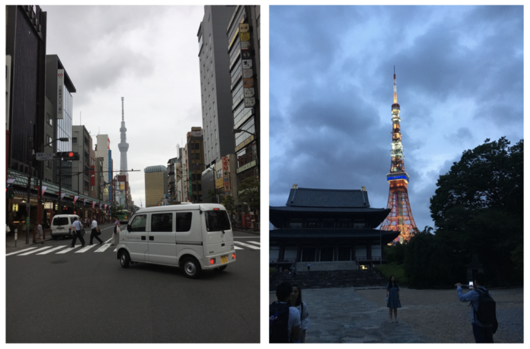 De Tokyo Tower (L) en de Tokyo Sky Tree (R)