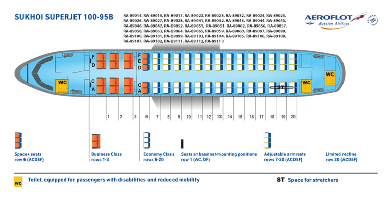 Huidige stoelindeling Superjet 100 (Bron: Aeroflot)