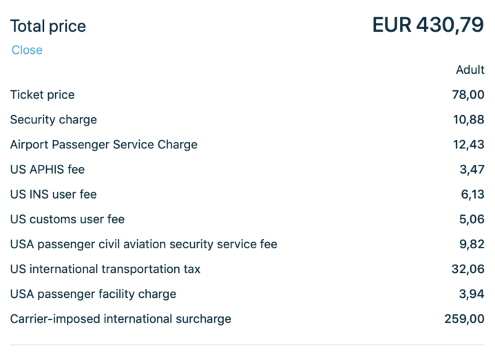 Prijsspecificatie van de vlucht AMS-JFK met KLM (Bron: KLM.com)