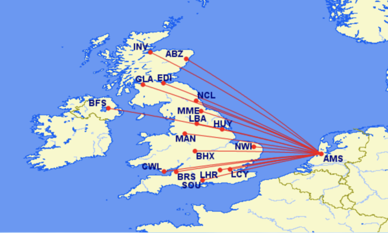 KLM bestemmingen in het Verenigd Koninkrijk