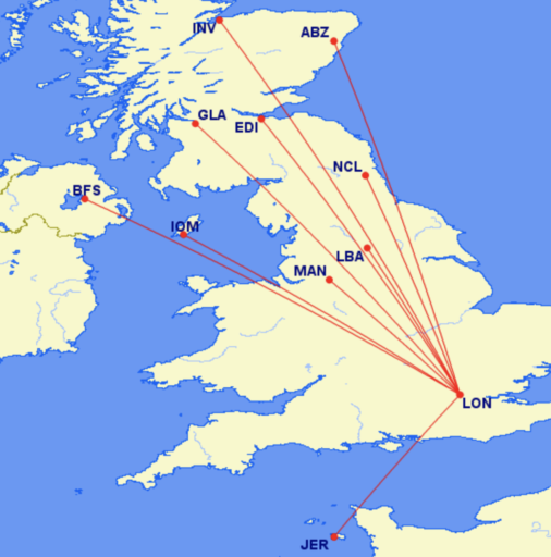 Binnenlandse verbindingen van British Airways met Londen