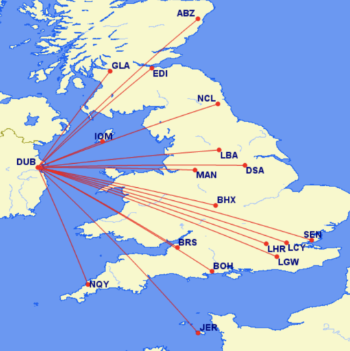Bestemmingen van Aer Lingus in het Verenigd Koninkrijk