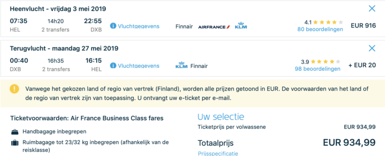 Verdien 108XP voor maar €900,- in Business Class naar Dubai