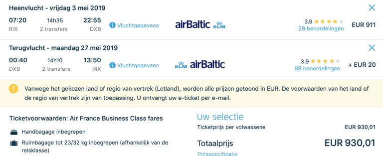 Verdien 108XP voor maar €900,- in Business Class naar Dubai