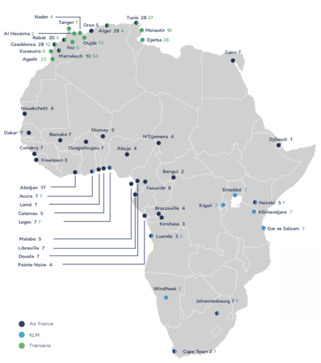 De Afrikaanse bestemmingen van Air France, KLM en Transavia (Bron: Air France - KLM)