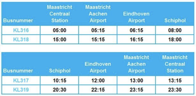 Dienstregeling KLM Bus Maastricht, Eindhoven (Bron: KLM)