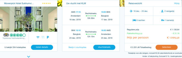 Een reis naar Bangkok (met twee personen) levert je een bonus op van 1.100 Flying Blue miles (Bron: KLM Package Deals)