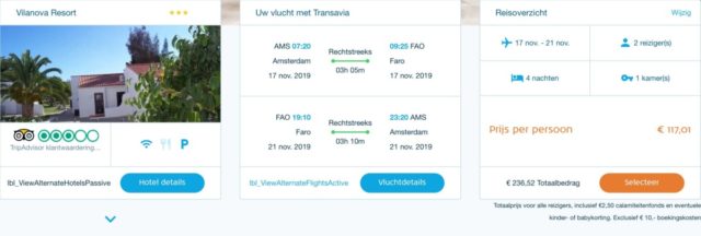 Een paar dagen naar Faro (met twee personen) levert je een bonus op van 118 miles (Bron: KLM Package Deals)