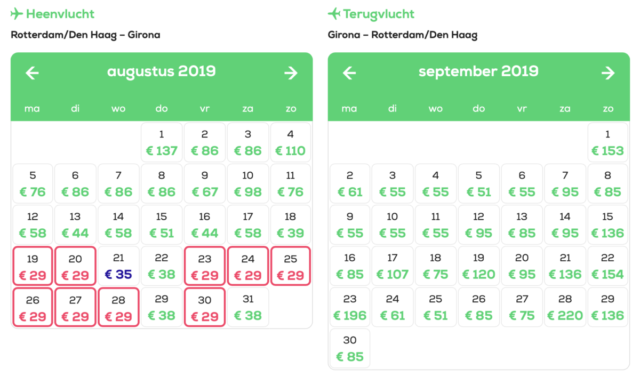 Voorbeeld van een prijskalender, de tarieven lopen erg uiteen afhankelijk van de vertrekdatum (Bron: Transavia)