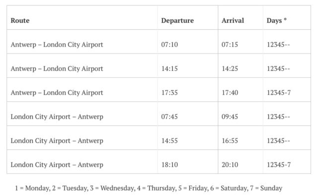 Vliegschema Antwerpen - Londen (Bron: Air Antwerp)