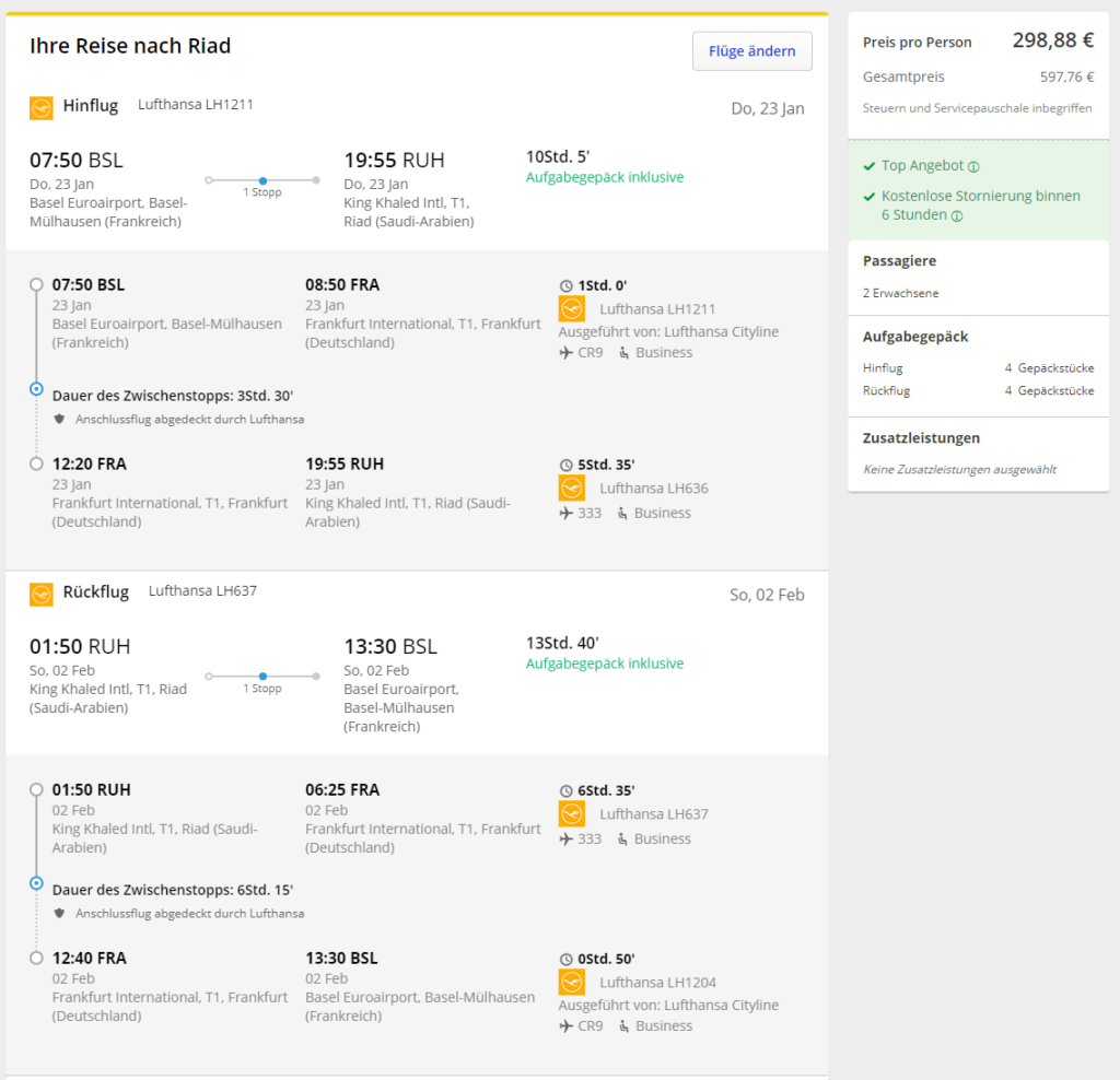 Lufthansa business class midden-oosten