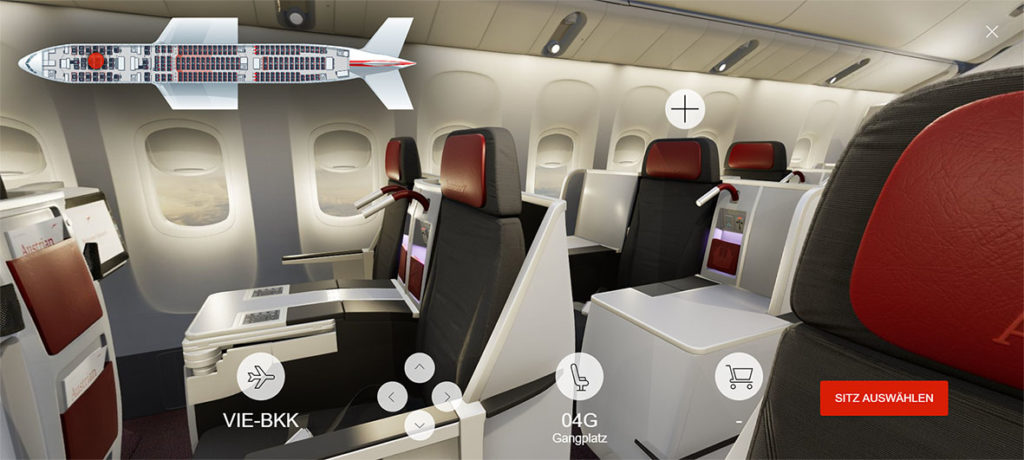 Zo ziet de 3D seatmap van de Boeing 777-200 van Austrian Airlines eruit (Bron: Austrian Airlines)