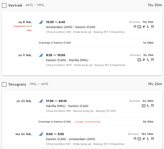 business class deal Amsterdam naar Manilla