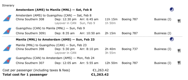 business class deal Amsterdam naar Manilla