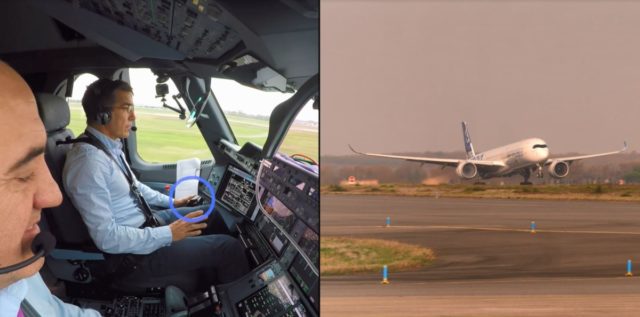 Twee piloten monitoren hoe het toestel reageert. Normaal zou de piloot beide handen nodig hebben om het toestel te besturen, nu is dat niet het geval. (Bron: Airbus)