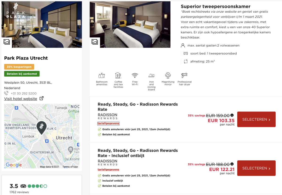 Ook bij het Park Plaza Utrecht krijg je 35% korting op het best beschikbare tarief (Bron: Radisson Hotels / Park Plaza)