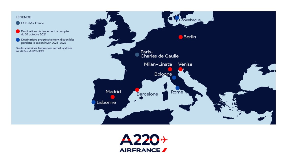 De eerste bestemmingen van de A220 (Bron: Air France op Twitter)