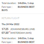 Goedkope Business Class deals naar Zuid-Afrika (Bron: Kenya Airways / Google Flights)