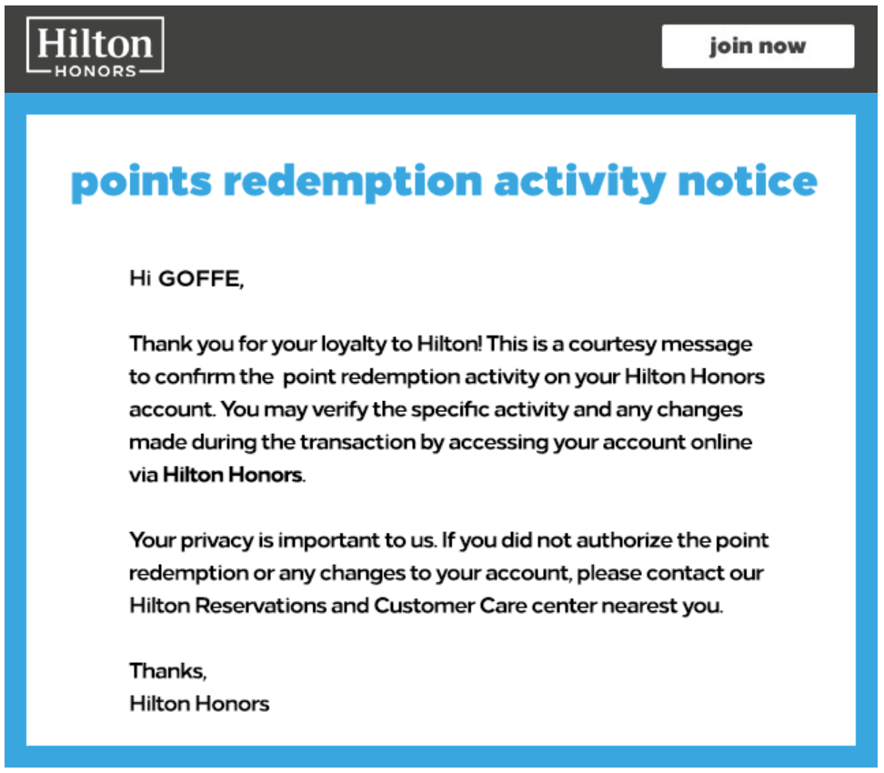 Hilton Honors punten afgeschreven