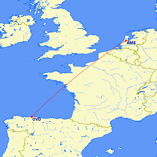 Amsterdam - Asturië, nieuwe route Vueling ©GreatCircleMapper