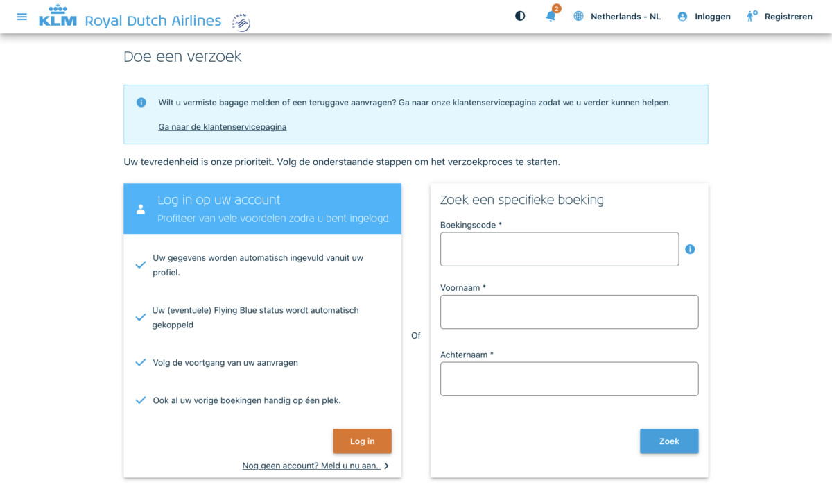 Een claim of verzoek tot compensatie dien je in op de website van KLM (Bron: KLM)