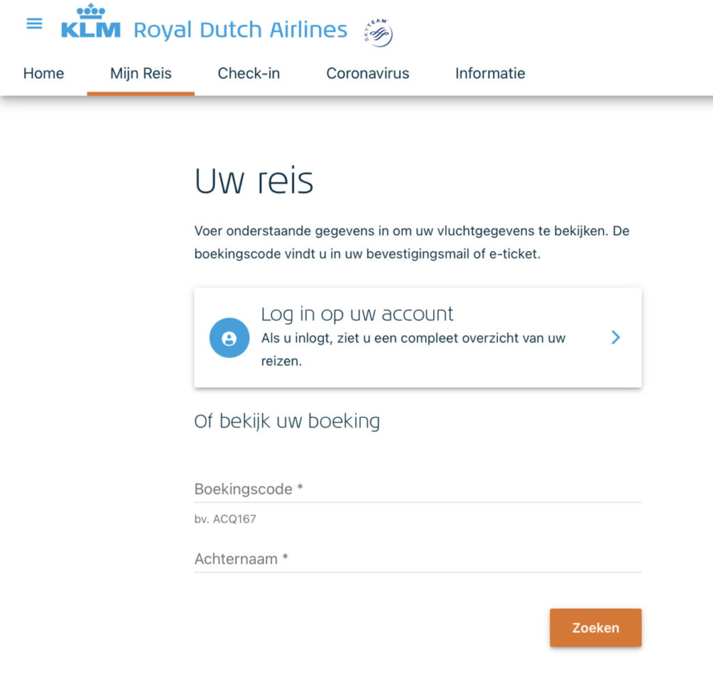 Wijzig je boeking via ‘Mijn Reis’ op de website van KLM (Bron: KLM)