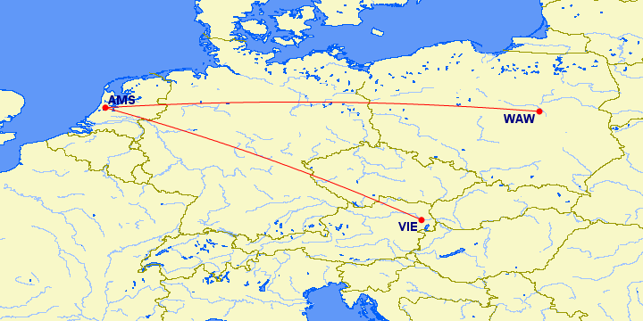 AMS-VIE Austrian, AMS-WAW LOT ©GreatCircleMapper