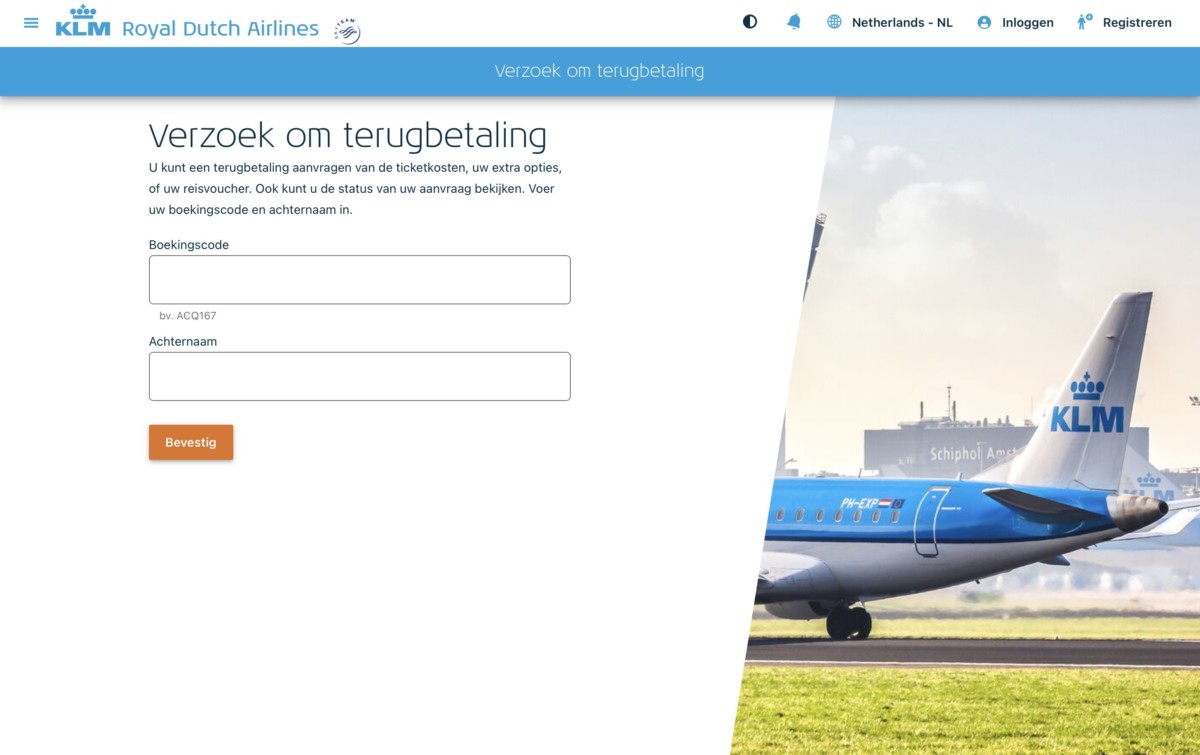 Verzoek om terugbetaling bij KLM (Bron: KLM.nl)